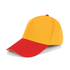 A yellow cap with a red peak, featuring a curved brim and a rounded crown. Designed for novelty wear, has a logo.