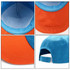 A vibrant sandwich bill hat featuring orange and blue fabric, showcasing its interior and adjustable strap.