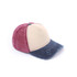 A distressed cotton baseball cap featuring a beige, burgundy, and navy colour scheme with a logo.