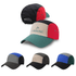 A lightweight 5-panel flat bill cap featuring a mix of red, blue, green and beige colours, with a logo on the front.