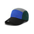 A multi-coloured lightweight 5 panel flat bill cap with grey, blue, green, and black sections and a logo.