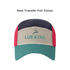 A lightweight 5 panel flat bill cap in red, navy, beige, and teal with a logo on the front.