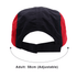 A lightweight five-panel flat bill cap featuring a red and black design, adjustable strap at the back, and a logo.