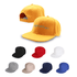 A yellow 6 panel trucker cap with an adjustable strap, alongside caps in black, white, red, beige, and blue.