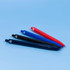 Four pens arranged neatly, featuring black, blue, and red colours, on a light blue background. Each pen has a logo.
