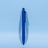 A blue plastic ballpoint pen with a clip, set against a light blue background.