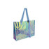 A transparent tote bag with an iridescent finish and light blue handles, featuring a logo.