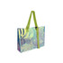 A colourful transparent PVC tote bag with a glossy finish and green straps, showcasing iridescent hues.