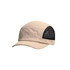 A short brimmed mesh running cap in beige with a black mesh side panel and a logo.