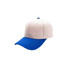 A 6 panel adjustable baseball cap in beige with a blue brim, featuring a logo on the front.