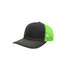 A black mesh back trucker hat with bright green mesh panels and visible stitching details.