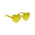 Heart-shaped sunglasses in bright yellow, featuring transparent arms and tinted lenses. The product includes a logo.