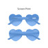 Heart-shaped sunglasses in a blue tint with a clear frame and branding on the arms.