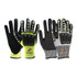 Heavy duty safety work gloves in black and grey with yellow highlights and reinforced thumb web, featuring a logo.
