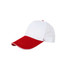 A red and white peak cap with a mesh back and a curved brim. It features a logo on the front.