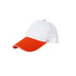 A white and orange cap featuring a mesh back and a curved peak. It has a logo on the front.