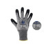 A grey and black cut resistant nitrile glove with a ribbed wrist, featuring a company logo.