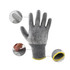 A pair of cut-resistant gloves in grey with a yellow cuff, showcasing textured fingertips and a snug fit.