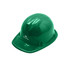 A green PVC construction hat with a glossy finish and a logo on the side.