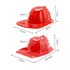 A red PVC fire chief hat with various measurements displayed, featuring a logo on its surface.