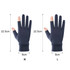 Two pairs of sun protective gloves in navy blue, featuring two open fingers. Dimensions for medium and large sizes are included.