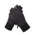 A pair of black touchscreen winter gloves with ribbed cuffs and power buttons on the fingertips.
