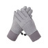 A pair of grey touchscreen winter gloves with ribbed cuffs and a logo.