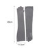 Long sleeve, grey sun protective fingerless gloves displayed side by side with measurement details. Features a logo.