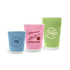Three paper cups in blue, pink, and green, featuring a design and logo on each. They are home compostable and double-walled.