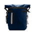A waterproof roll-top backpack in navy, featuring adjustable straps and exterior pockets. It has a logo on the front.