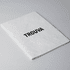 A white A5 notebook with a textured cover and a black logo on the front.
