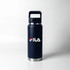 A drink bottle in a navy blue finish with a stainless steel base and a sturdy handle.