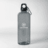 A drink bottle in grey, featuring a carabiner and a logo on the front.