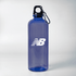 A drink bottle in blue with a carabiner and a logo. It holds 700ml of liquid and is made of plastic.