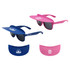 A pair of flip-up visor sunglasses in blue and pink, each featuring a logo. The glasses have dark lenses and wide brims.