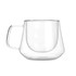 A transparent double wall glass mug with a unique curved shape and a handle. It has a sleek, modern design.