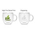 A double wall mug in clear glass featuring a green leaf design and an engraved option, with a handle on the side.