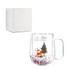 A transparent glass mug with a festive design, featuring a Christmas tree and colourful glitter. Includes a white box.