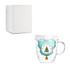 A clear glass mug with a white lid resembling snow, featuring a festive design and an included plain white box.