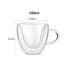 A double wall mug in clear glass, featuring a curved design and a handle, with a capacity of 250ml.