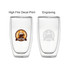 A double wall glass product with a coffee-themed logo and a smooth, clear design. Features options for print and engraving.