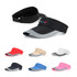 A range of sun visors in various colours, including black, red, beige, white, navy, and pink, with a logo.