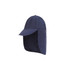 A navy baseball cap with a neck flap, featuring a simple design and a logo on the front.