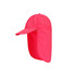 A brightly coloured pink baseball cap with a neck flap and a logo on the side.