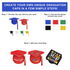 A selection of colourful mortarboard graduation caps in blue, red, green, and yellow, with various tassel colour options.