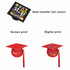 A red mortarboard graduation cap with a tassel, featuring printed designs and a logo.