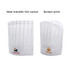 A white disposable chef hat with pleats, featuring a logo. Two styles are shown: heat transfer and screen print.