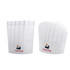 A disposable non-woven chef hat in white, featuring pleats and a logo on the front.