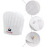 A white disposable non-woven chef hat featuring a logo, showcasing its structured design and fastening detail.