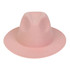 A pink felt wide brim fedora hat with a smooth finish and a rounded crown. Features a logo.
